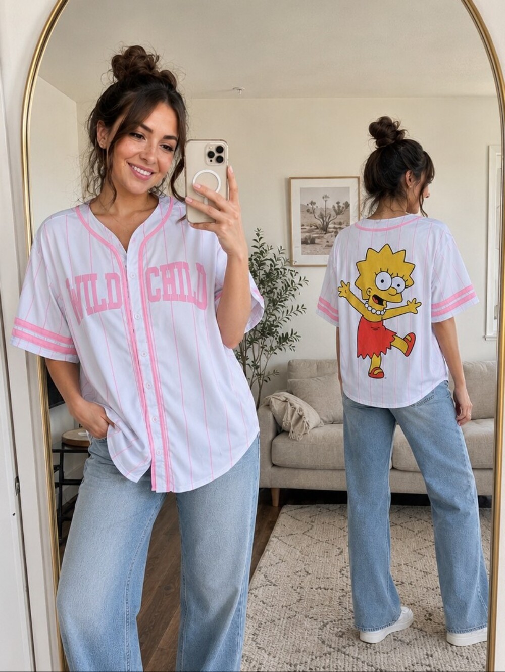 Lisa SIMPSON Baseball Jersey Womens M White Pink Button Up Wild Child Size Med